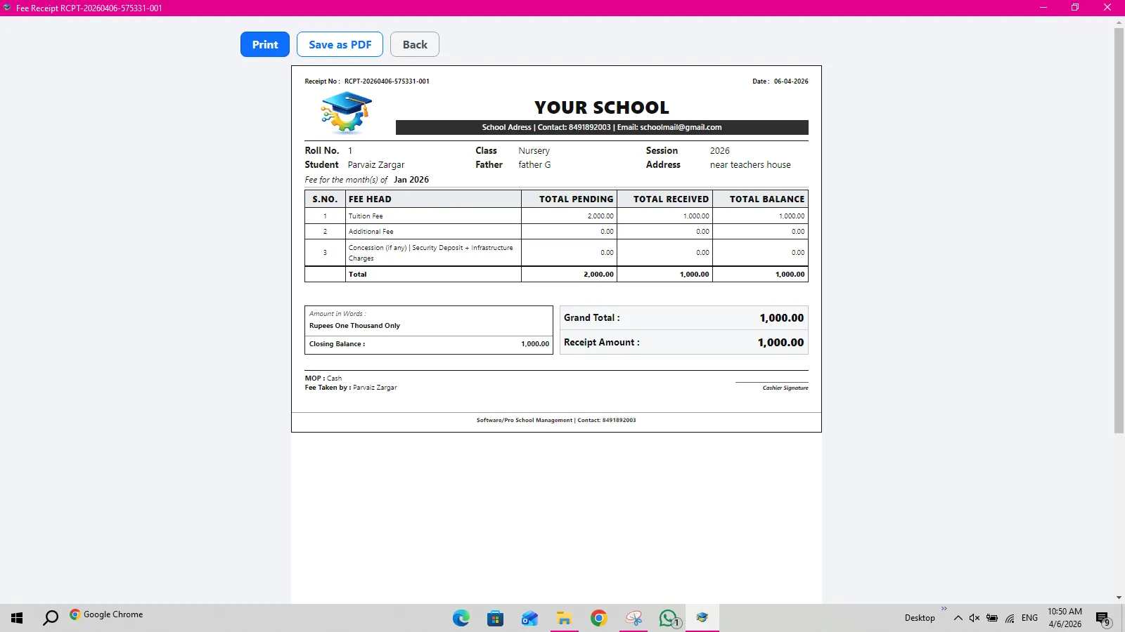 Windows Desktop Fee Receipt